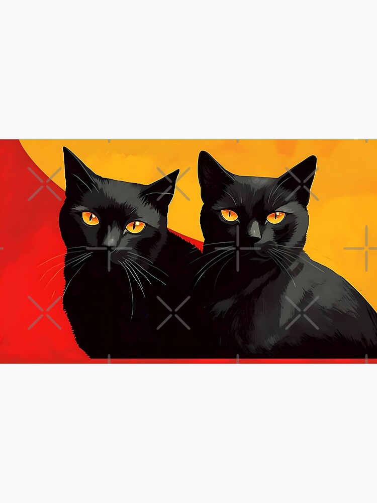 Two twin black cats attentively gazing against a red and orange background  Art Print