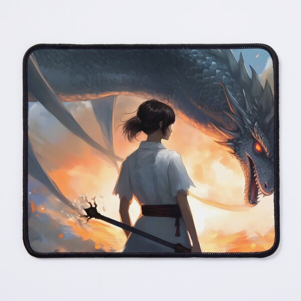 Item preview, White-clad warrior girl with a staff and tied-back hair facing a winged fire serpent designed and sold by SingularityGeek.