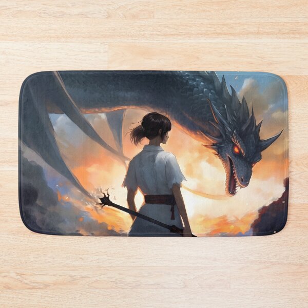 Item preview, White-clad warrior girl with a staff and tied-back hair facing a winged fire serpent designed and sold by SingularityGeek.