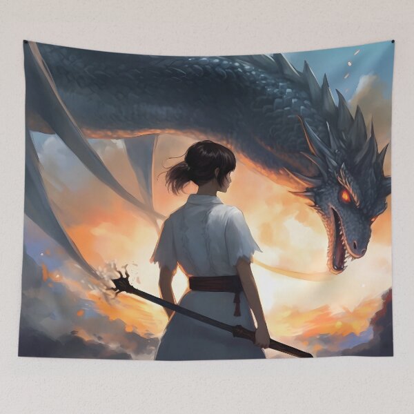 Item preview, White-clad warrior girl with a staff and tied-back hair facing a winged fire serpent designed and sold by SingularityGeek.