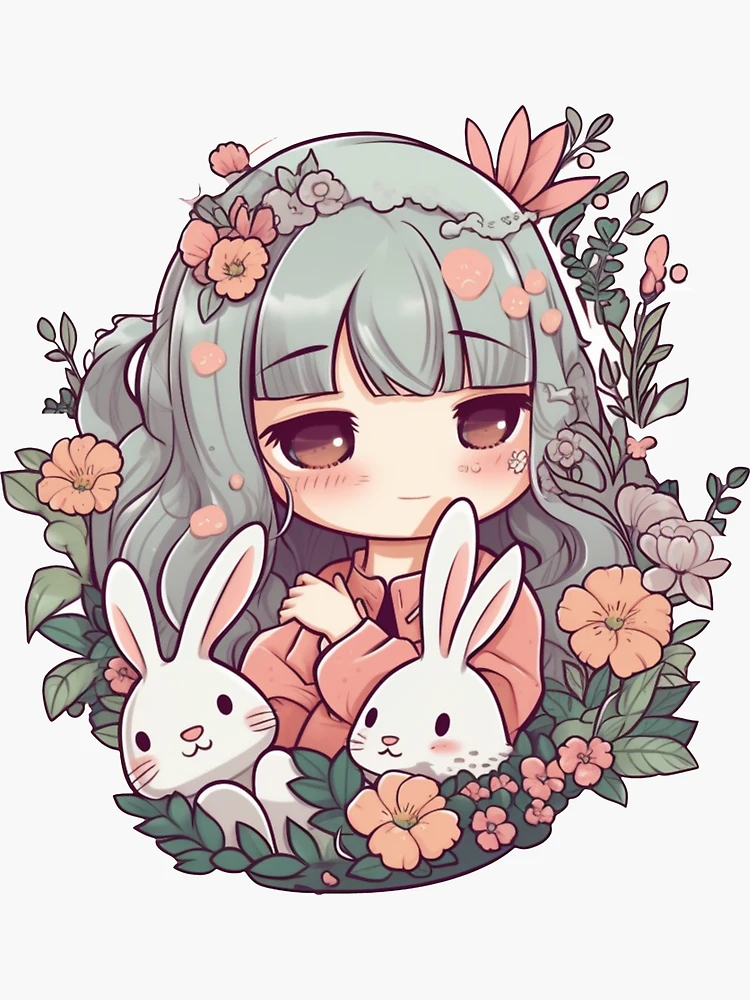 Kawaii Bunnies and a Shoujo Sticker for Sale by ReveriePrints