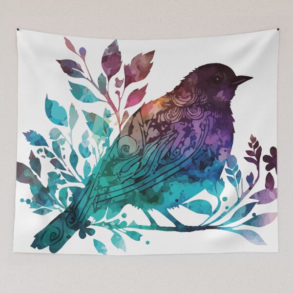 Aperçu de l'œuvre Un oiseau avec un motif aquarelle bohème en bleu et violet - Boho Animals créée et vendue par GVRDesign.