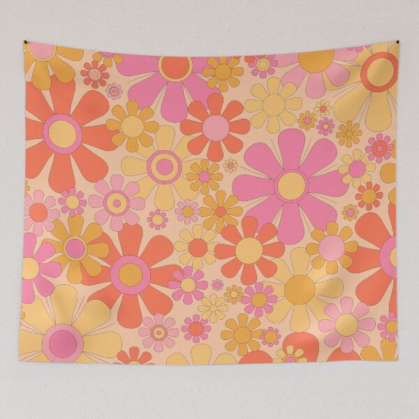 Item preview, Retro Garden Flowers 60s 70s Floral Pattern in Muted Orange Pink Yellow Apricot designed and sold by kierkegaard.