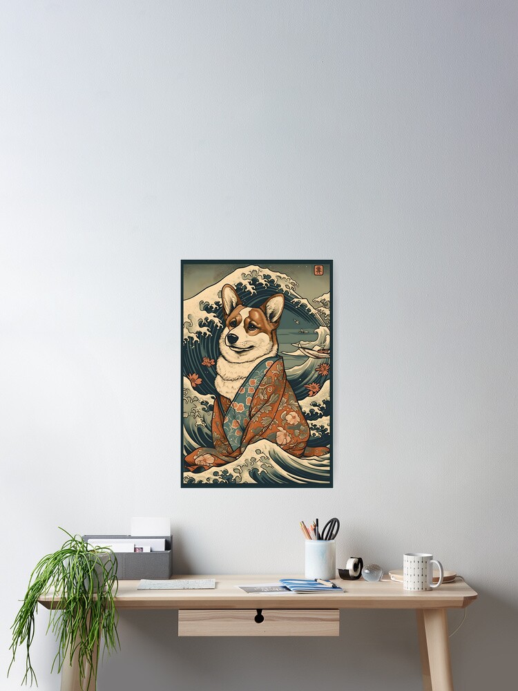 Thumbnail 2 of 3, Poster, Corgi in Kimono: Traditional Japanese Ukiyoe Painting with Waves designed and sold by cocorf.