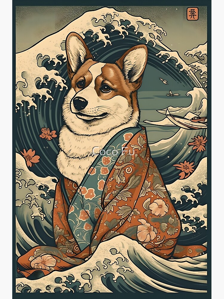 Thumbnail 3 of 3, Poster, Corgi in Kimono: Traditional Japanese Ukiyoe Painting with Waves designed and sold by cocorf.