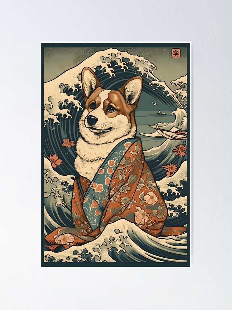Thumbnail 1 of 3, Poster, Corgi in Kimono: Traditional Japanese Ukiyoe Painting with Waves designed and sold by cocorf.