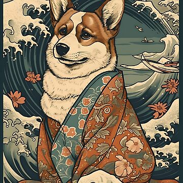 Artwork thumbnail, Corgi in Kimono: Traditional Japanese Ukiyoe Painting with Waves by Coco Fu