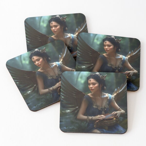 Item preview, "Fantasy Digital Art, Melodies of Grace in Seraphic Harmony, Dark-Haired Angel, Indonesian Art, Blue Gown, Home Decor, Wall Art  " designed and sold by stateofhuman.