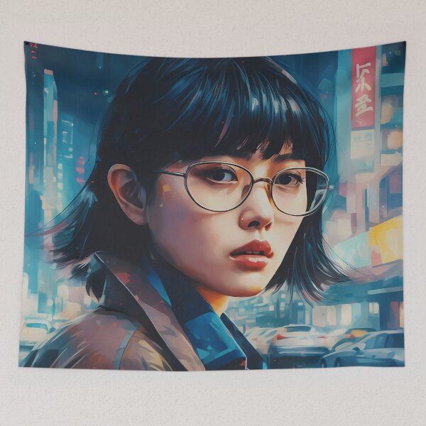 Item preview, Korean Girl with Red Lips, Glasses, and Brown Jacket Noticing Her Surroundings in the City designed and sold by SingularityGeek.