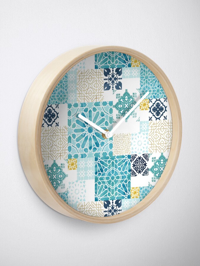 Alternate view of Moroccan ceramic pattern collage in gold Clock