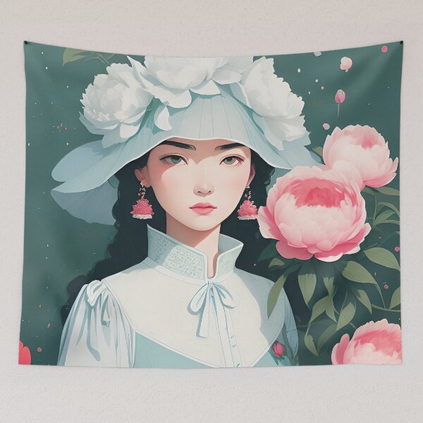 Item preview, Young Chinese Woman and Pink Peonies designed and sold by FriskyLemur.