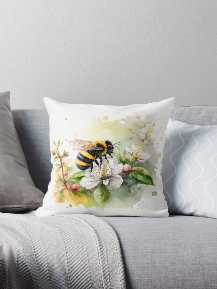 Thumbnail 1 of 4, Pillow, Arrival of spring - the bumblebee designed and sold by stickerperso-ia.