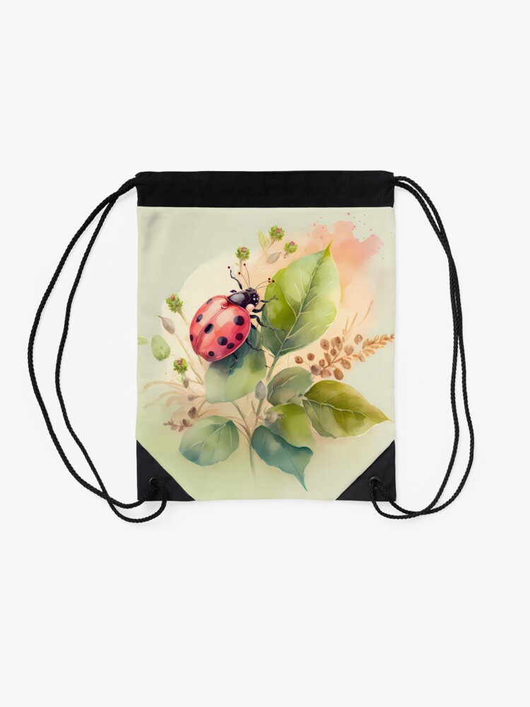 Aperçu 2 sur 3. Sac à cordon avec l'œuvre Arrivée du printemps - la coccinelle créée et vendue par stickerperso-ia.