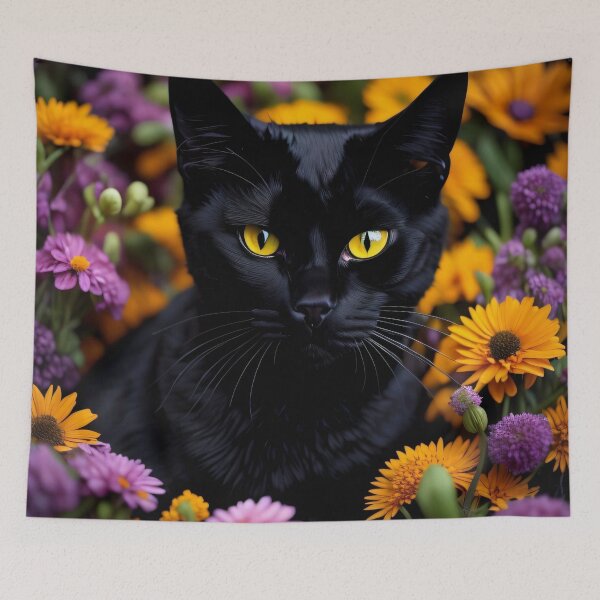 Item preview, Black Cat in Orange Pink Flowers by Perceptual Paradox Creations designed and sold by hobbit73.