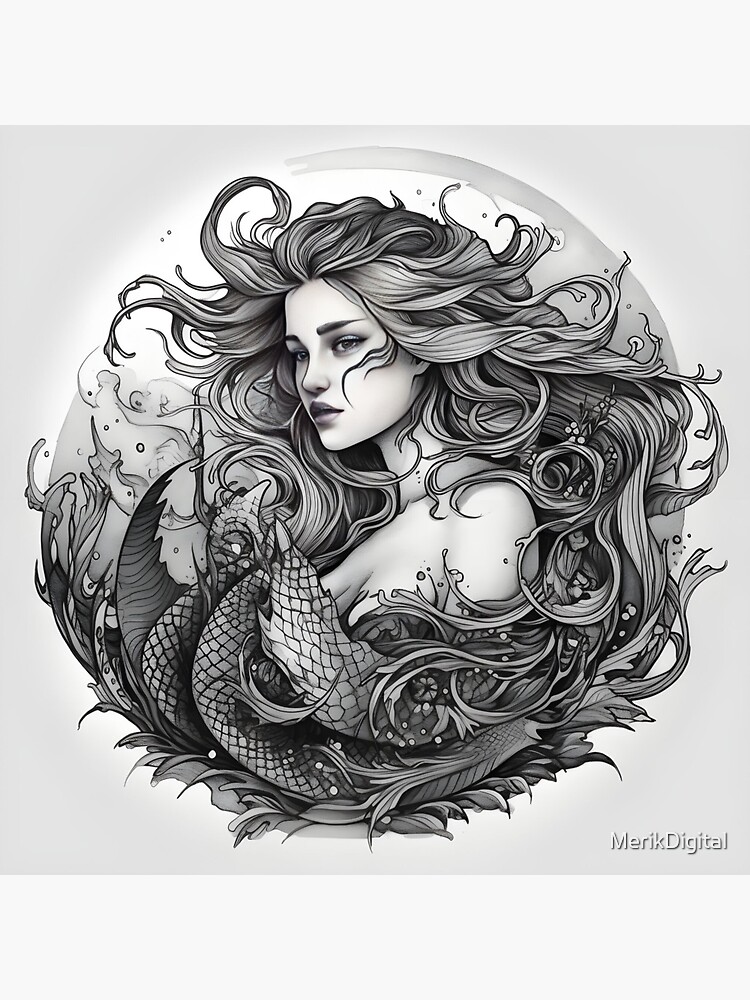 Black And White Watercolor Smudge Line Drawing Tattoo Design Art Ocean  Mermaid PNG Transparent Background And Clipart Image For Free Download -  Lovepik | 380407550