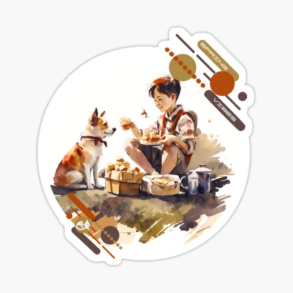 It's spring ! Little boy picnicking with his dog Sticker