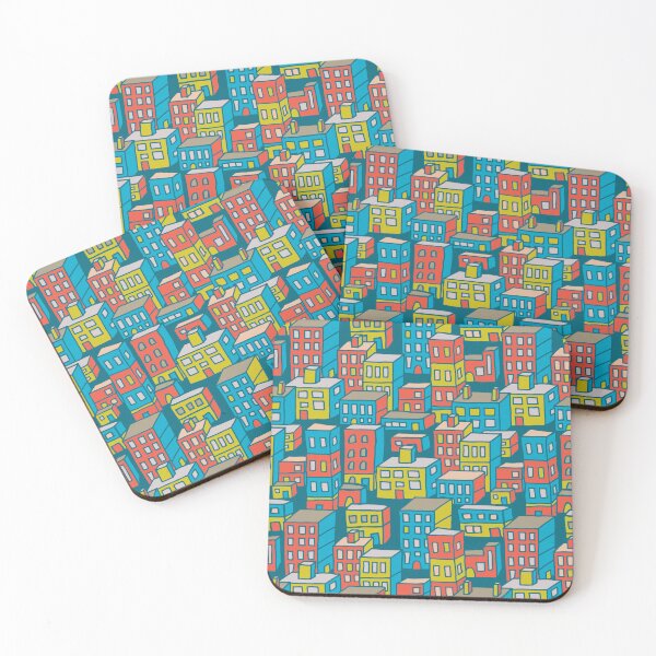 Item preview, DOWNTOWN Urban City Architecture Buildings Highrises Skyscrapers in Retro Red Yellow Blue Teal - UnBlink Studio by Jackie Tahara designed and sold by Jackie Tahara of UnBlink Studio.