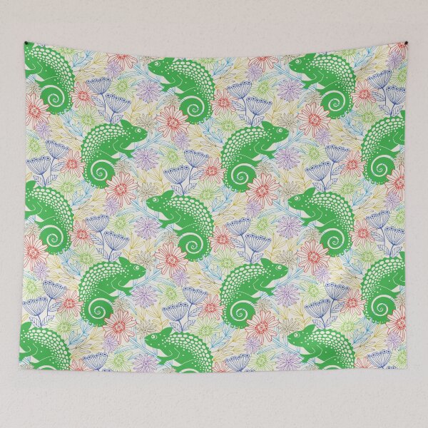 Item preview, CHAMELEONS JUST WANNA HAVE FUN Cute Reptile Lizard with Rainforest Jungle Flowers in Jungle Green - UnBlink Studio by Jackie Tahara designed and sold by Jackie Tahara of UnBlink Studio.