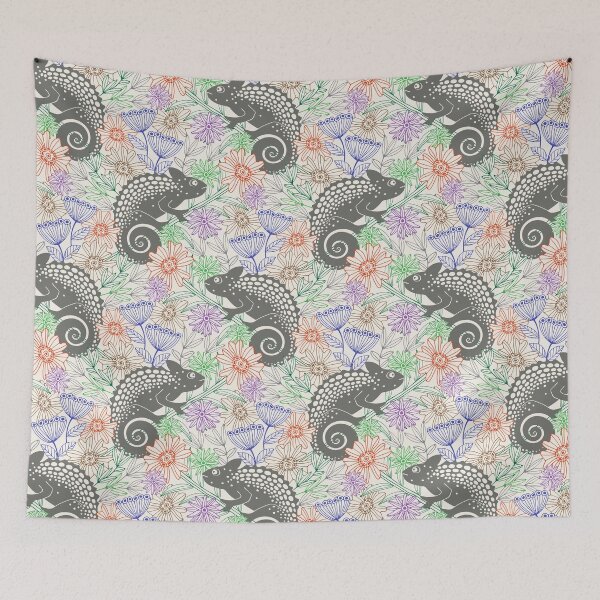 Item preview, CHAMELEONS JUST WANNA HAVE FUN Cute Reptile Lizard with Rainforest Jungle Flowers in Retro Gray - UnBlink Studio by Jackie Tahara designed and sold by Jackie Tahara of UnBlink Studio.