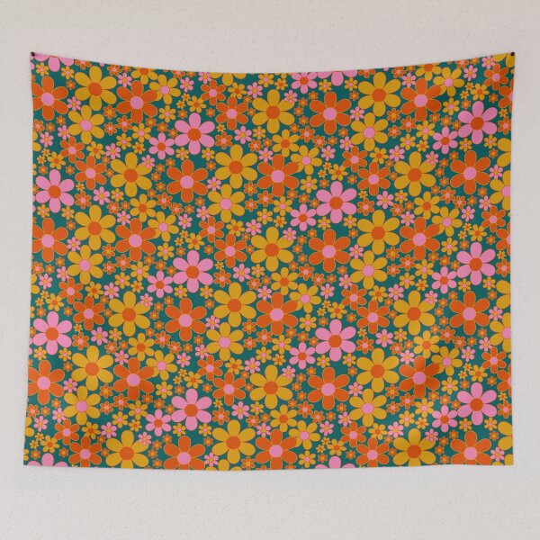 Item preview, Flower power retro florals - straight from the 1970s - gorgeous vintage greens, orange, pink and gold - straight from 1973   designed and sold by BlackDogArtists.