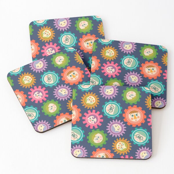 Item preview, KIDS TEAMWORK Happy Positive Children's Faces in Tech Mechanical Science Engineering STEM Gears Bright Multi-Colours on Dark Blue - UnBlink Studio by Jackie Tahara designed and sold by Jackie Tahara of UnBlink Studio.