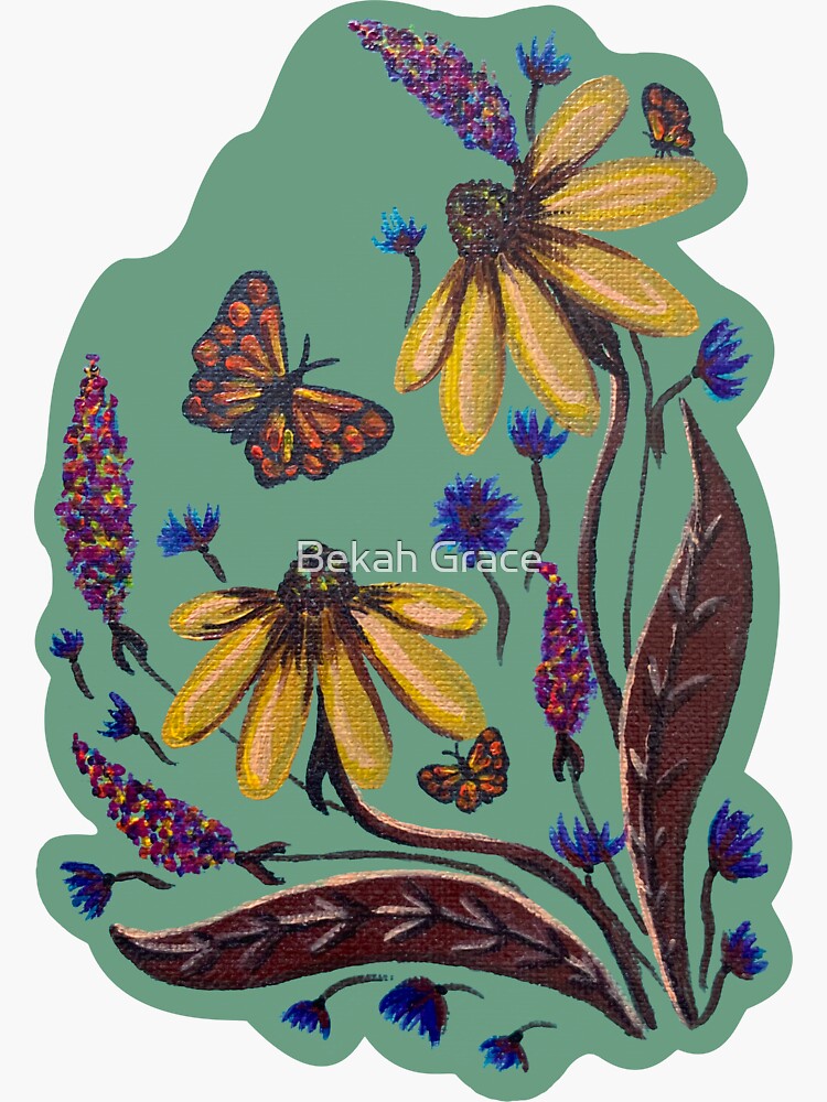Thumbnail 3 of 3, Sticker, Cone Flowers and Monarchs designed and sold by Bekah-Grace.