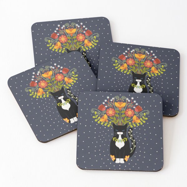 Item preview, Hand drawn folk art style cat with flowers  designed and sold by Loujohns.