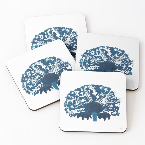 Item preview, Echidna made of flowers cyanotype australiana art designed and sold by Blue Bower Art.