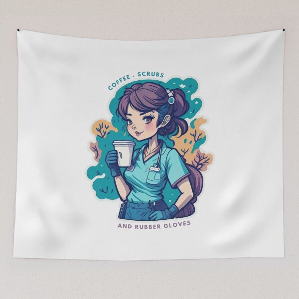 Item preview, coffee scrubs and rubber gloves medical nurse quote designed and sold by PopPizzazz.