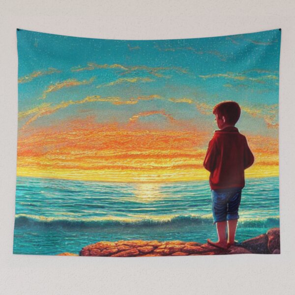 Item preview, Boy is watching sunset at the Lake designed and sold by MagnifiqueMind.