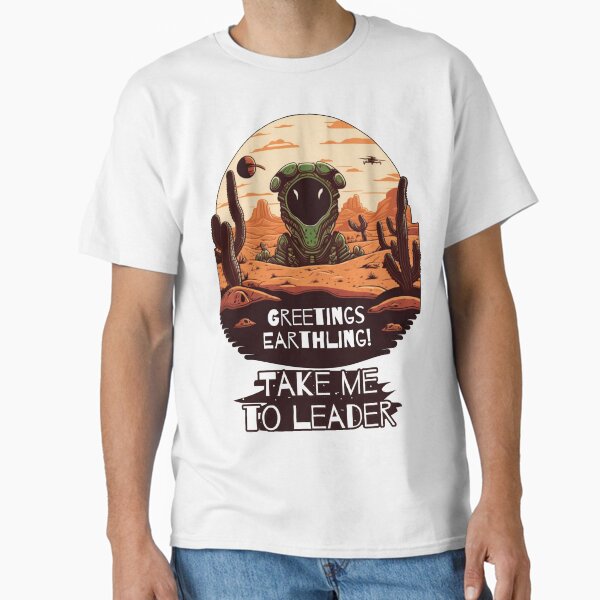 Item preview, Alien Explorer in Desert Landscape with Drone and 'Take Me to Leader' Message designed and sold by GiveMeMood.