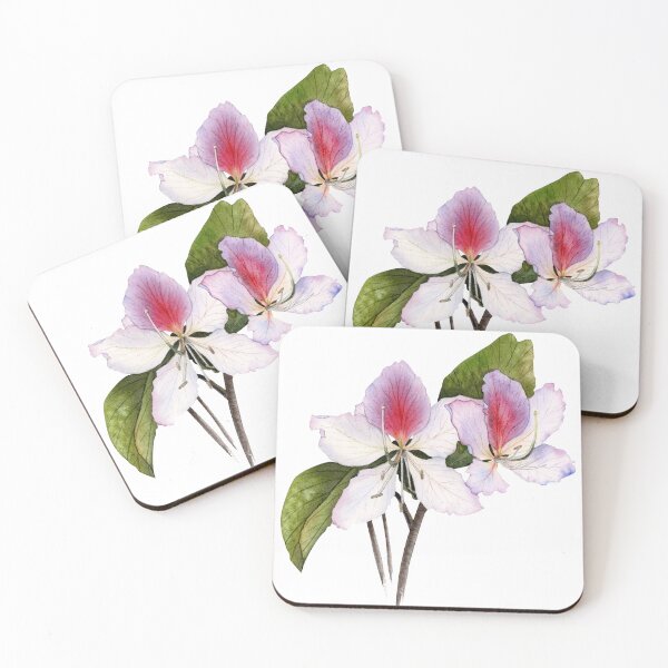 Item preview, Watercolor orchid tree pink and purple flowers with leaves, Bauhinia blooming designed and sold by Elena Malgina.