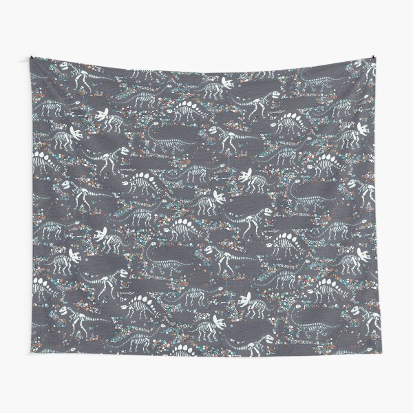 Dinosaur Fossils - orange, white and aqua on charcoal grey - Fun graphic pattern by Cecca Designs Tapestry