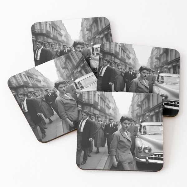 Item preview, Woman Vintage Black and White Urban Street Scene Portrait Woman 50's Old Car BW designed and sold by Univers Noir et Blanc.