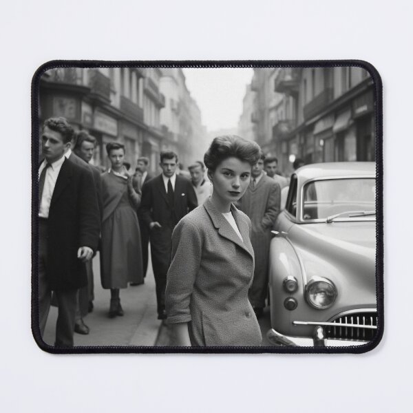 Item preview, Woman Vintage Black and White Urban Street Scene Portrait Woman 50's Old Car BW designed and sold by Univers Noir et Blanc.