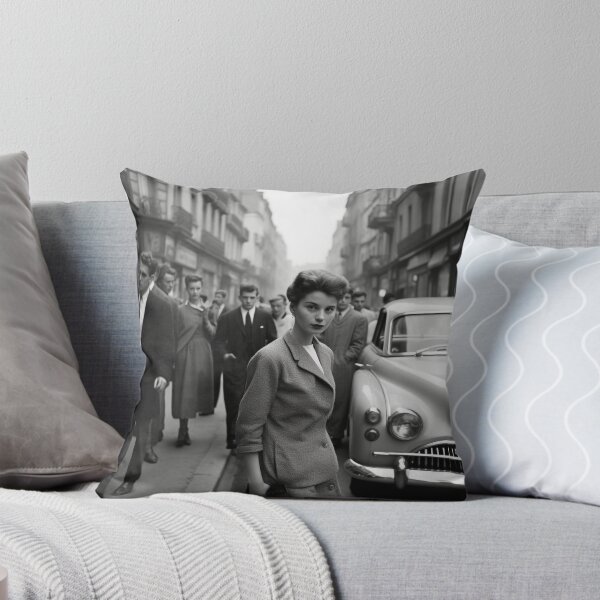 Item preview, Woman Vintage Black and White Urban Street Scene Portrait Woman 50's Old Car BW designed and sold by Univers Noir et Blanc.