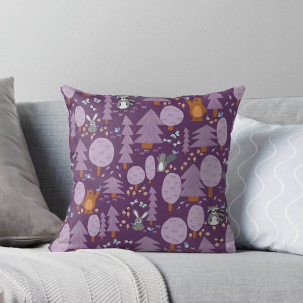 Item preview, Forest Friends - Charming Woodland Scene with Bears, Bunnies, Raccoons, Squirrels, Trees, Mushrooms, Birds, and Butterflies - dark purple - shw1014 c designed and sold by Shiny Happy World.