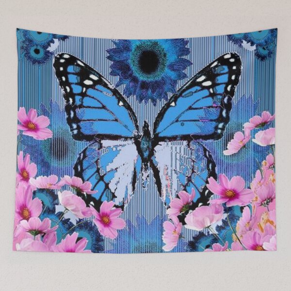 Item preview, PINK FLOWERS BLUE ABSTRACTED BUTTERFLY designed and sold by sharlesart.