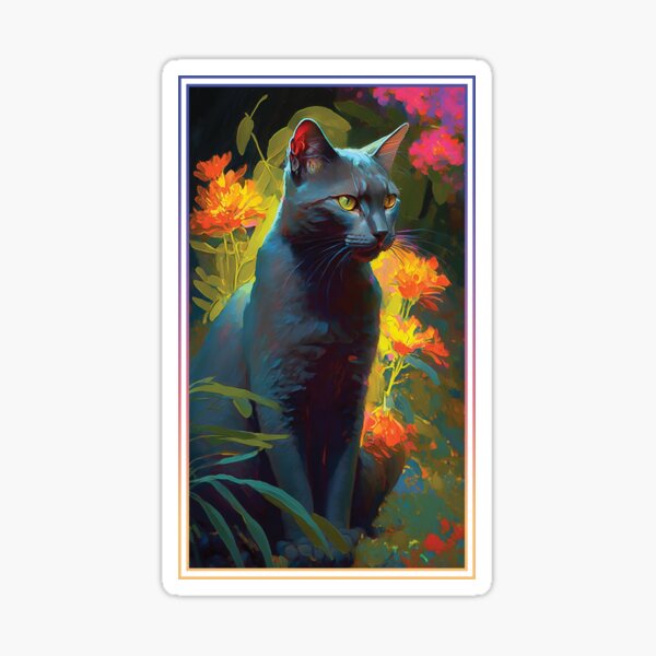Korat Cat Vibrant Tropical Flower Tall Digital Oil Painting Portrait  Sticker