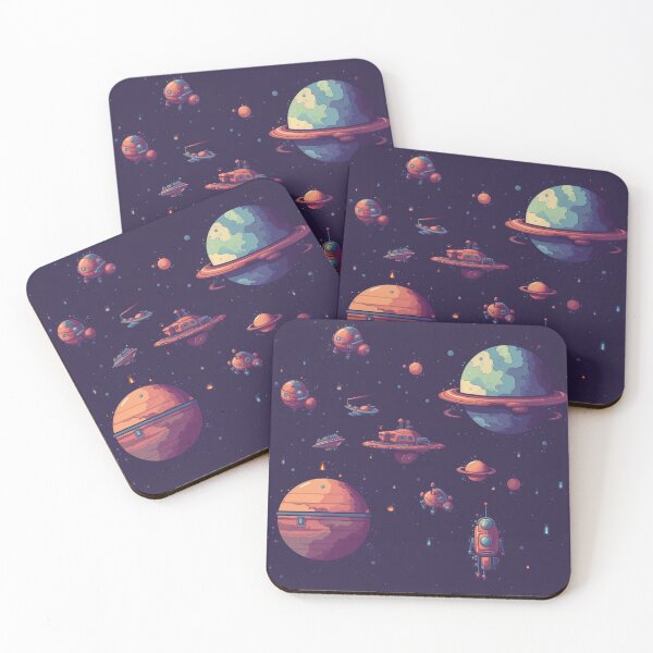 Artikelvorschau, Im Weltraum schwebende Planeten und Raumschiffe Pixelart | Raumfahrt entworfen und verkauft von JFFStore.