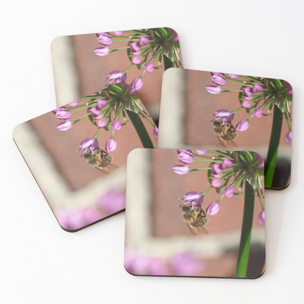 Item preview, Honeybee clinging to an allium flower designed and sold by GreyFeatherPhot.
