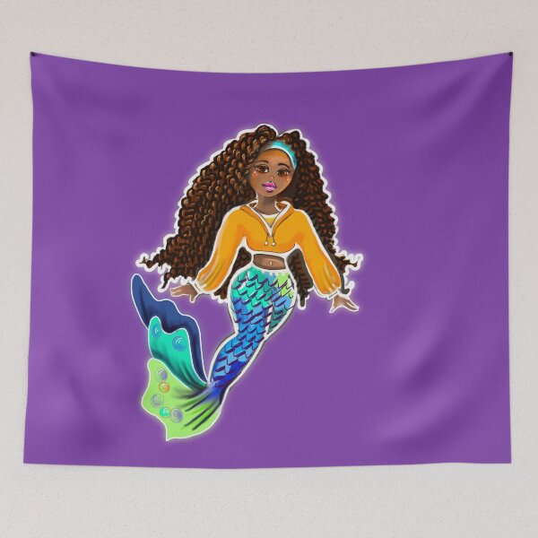 Item preview, Mermaid with brown curly Afro hair braids and brown skin - African American Mermaidcore designed and sold by Artonmytee.