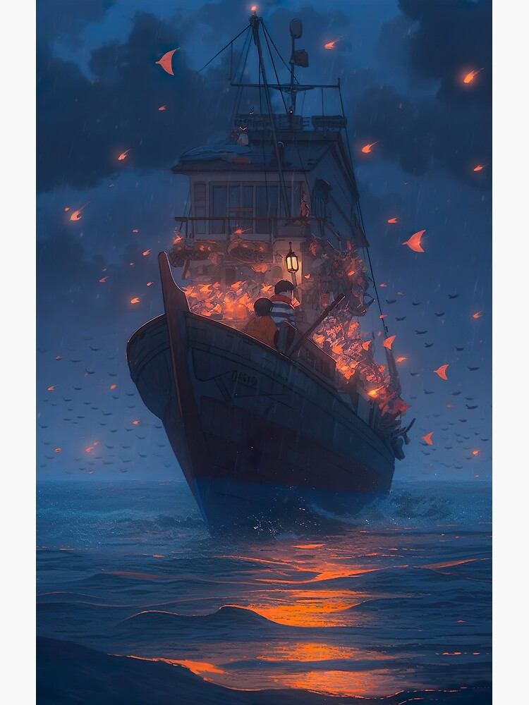 Discover Glowing Birds Visit a Ship on the Sea Premium Matte Vertical Poster