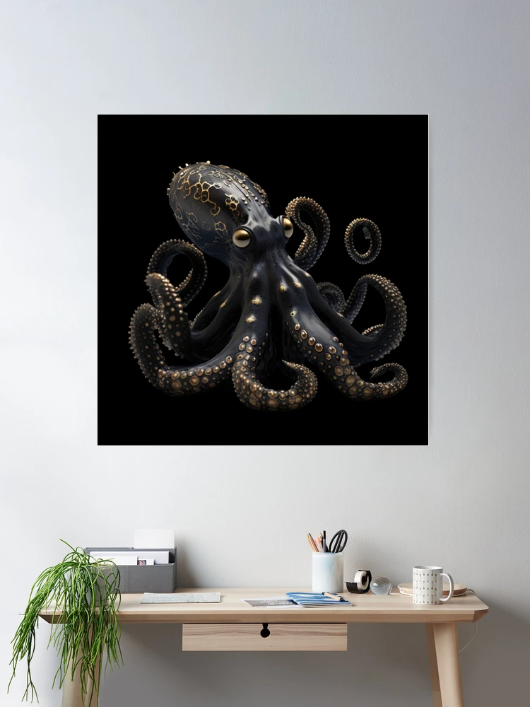 Realistic black octopus with gold details