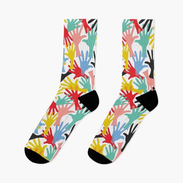 Item preview, HIGH FIVE Retro Graphic Hands Abstract Handshake Fingers in Black Red Yellow Green Blue Blush on White - UnBlink Studio by Jackie Tahara designed and sold by Jackie Tahara of UnBlink Studio.