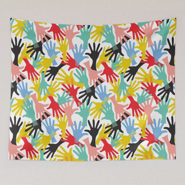 Item preview, HIGH FIVE Retro Graphic Hands Abstract Handshake Fingers in Black Red Yellow Green Blue Blush on White - UnBlink Studio by Jackie Tahara designed and sold by Jackie Tahara of UnBlink Studio.