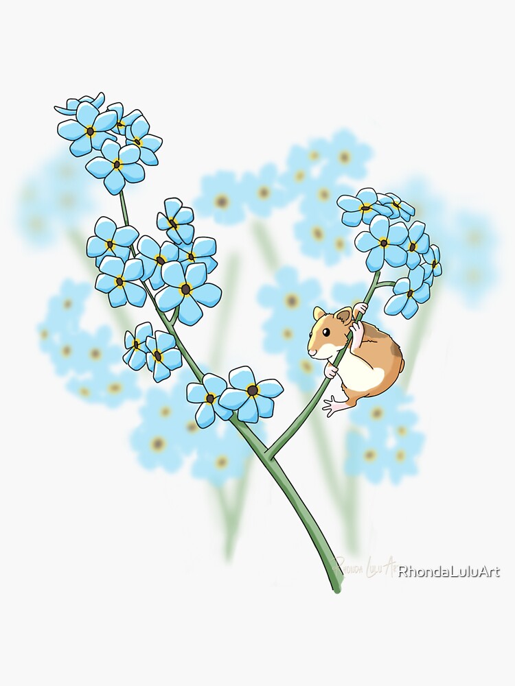 Thumbnail 3 of 3, Sticker, Bringing Home Flowers - Hamster and Forget-Me-Nots designed and sold by RhondaLuluArt.