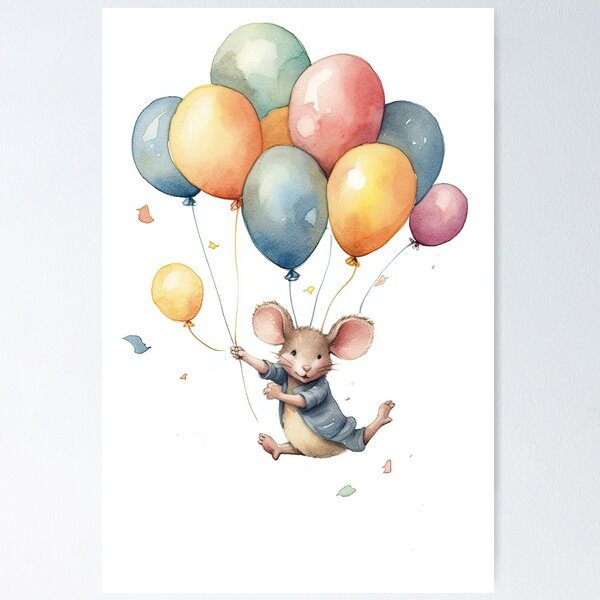 Item preview, Watercolor Painting of playful baby mouse with balloons designed and sold by Blaché Designs.