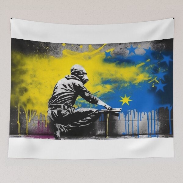 Item preview, Banksy Inspired Ukrainian Colors Masterpiece | Ukrainian Artwork | AI Generated Artwork designed and sold by john00ivy.