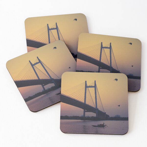 Item preview, Solitary wooden boat on river Hooghly with the Vidyasagar Setu bridge designed and sold by KARTICK DUTTA.